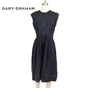 Gary Graham Black Silk Linen Dress Geometric Pleating Crew Neck SZ 2 Avant Garde